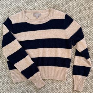 J. Crew Women's Cashmere Crew Neck Sweater - Navy and Tan Stripes